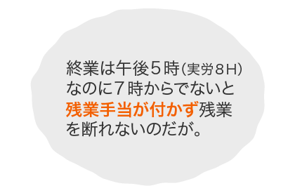 終業は午後５時（実労８Ｈ）なのに７時からでないと残業手当が付かず残業を断れないのだが。